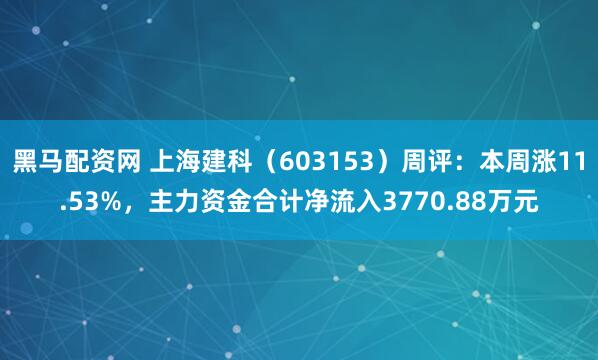 黑马配资网 上海建科（603153）周评：本周涨11.53%，主力资金合计净流入3770.88万元
